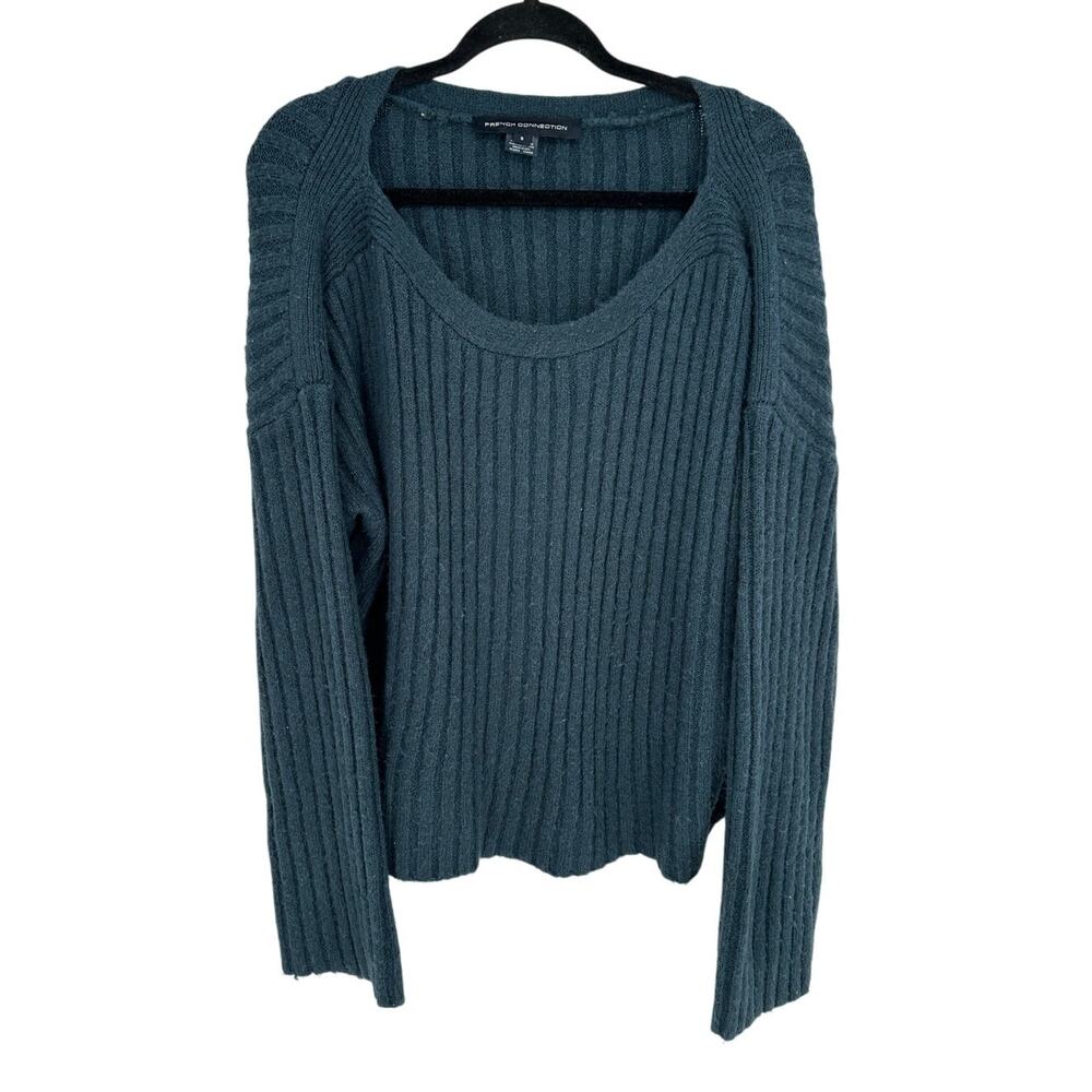 French Connection Sweater Womens Small S Teal Blue Wool Blend Ribbed Scoop Neck